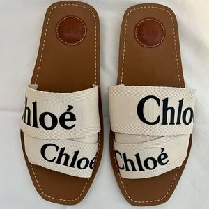 Chloe Woody flat logo ribbon slide sandals size 38